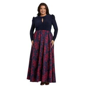 Mac Duggal Navy & Pink Long Sleeve Brocade Floral Plus Size 14W MOB Gown 68556